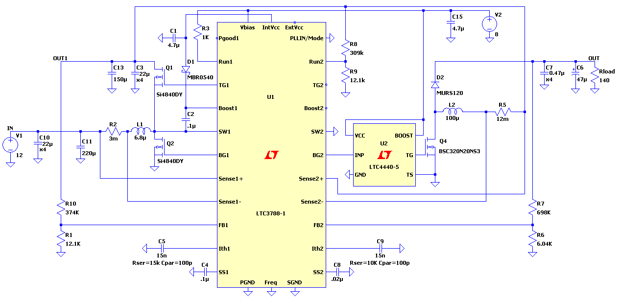 LTC3788-1 & LTC4440-5 - Two-Stage High Voltage Boost Converter