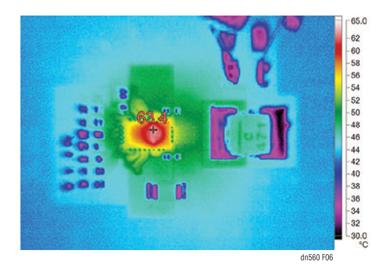 Figure 6. Thermal Image of the Master Phase of the Figure 4 Circuit at 10A with 0LFM Airflow at 25°C Ambient Temperature (38°C Temperature Rise)