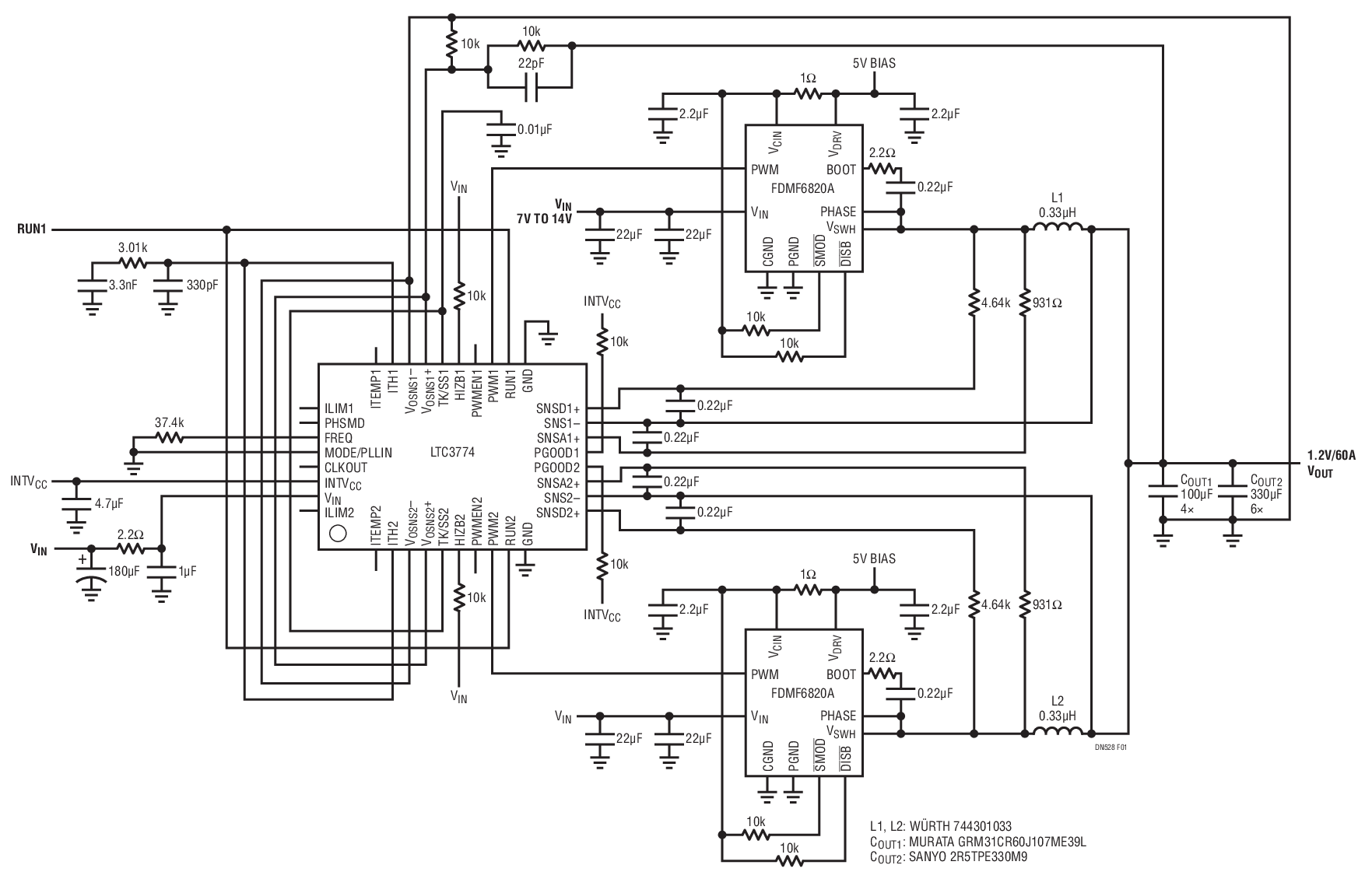Dual Phase, 1.2V/60A LTC3774 Converter Operating at fSW = 400kHz, 7V ≤ VIN ≤ 14V