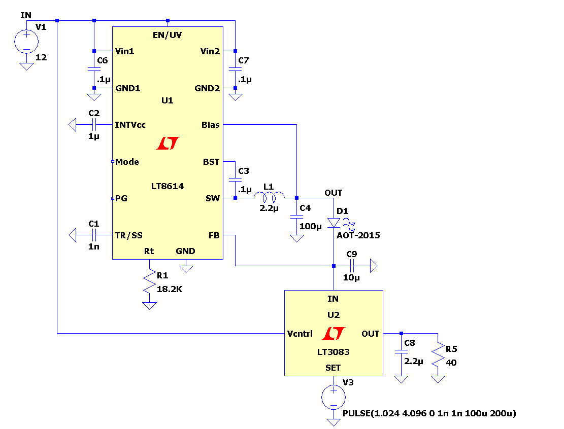 Hybrid LED Driver Using LT8614 Voltage Supply with LT3083 Current Source