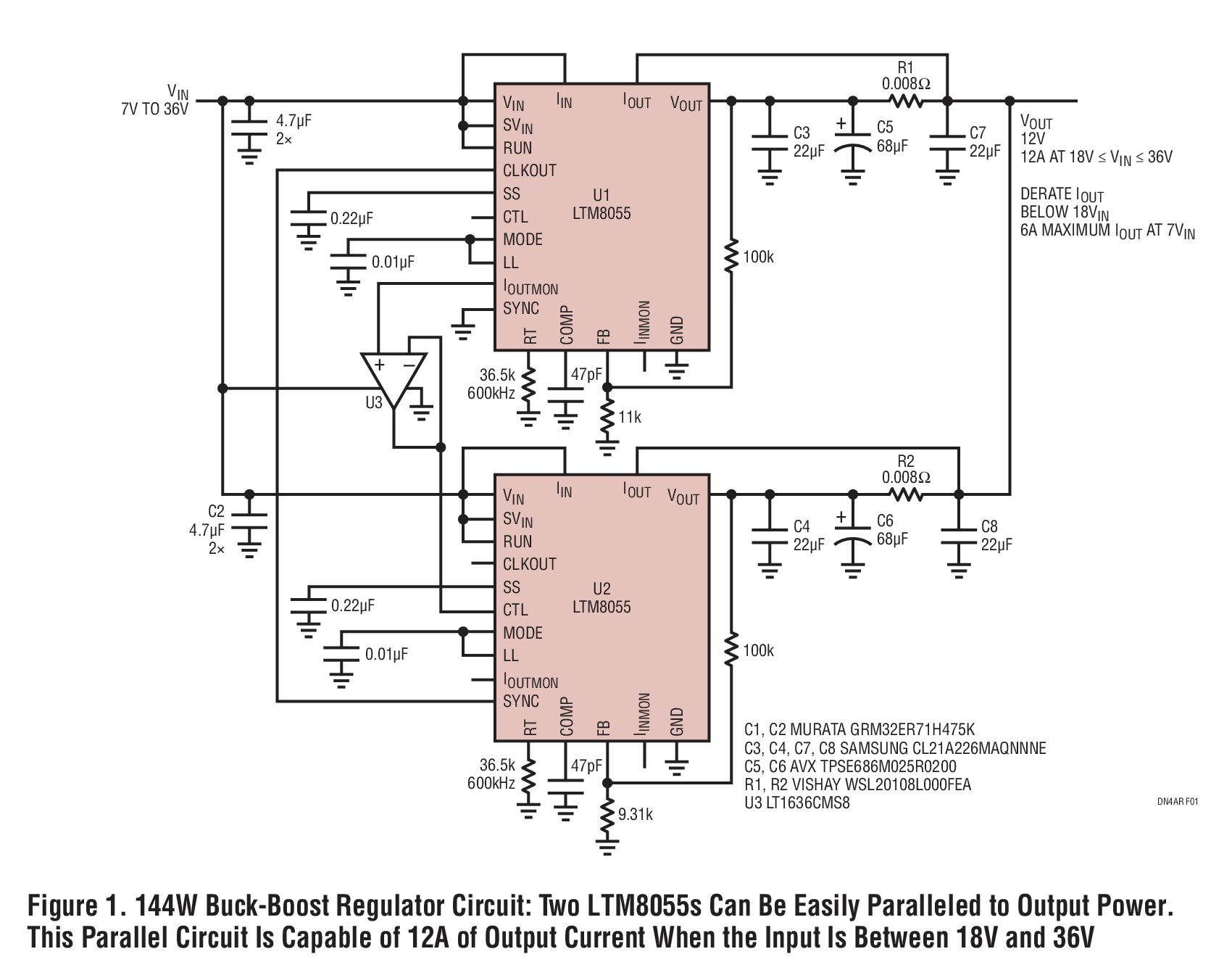 Figure 1. 144W Buck-Boost Regulator Circuit: Two LTM8055s Can Be Easily Paralleled to Output Power. This Parallel Circuit Is Capable of 12A of Output Current When the Input Is Between 18V and 36V