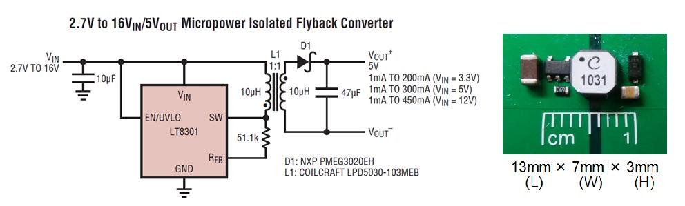 Miniature 5V isolated flyback converter using a coupled inductor