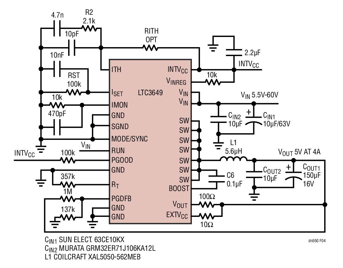 Figure 1. LTC3649 Step-Down Converter Delivers 5V at 4A from Inputs Up to 60V