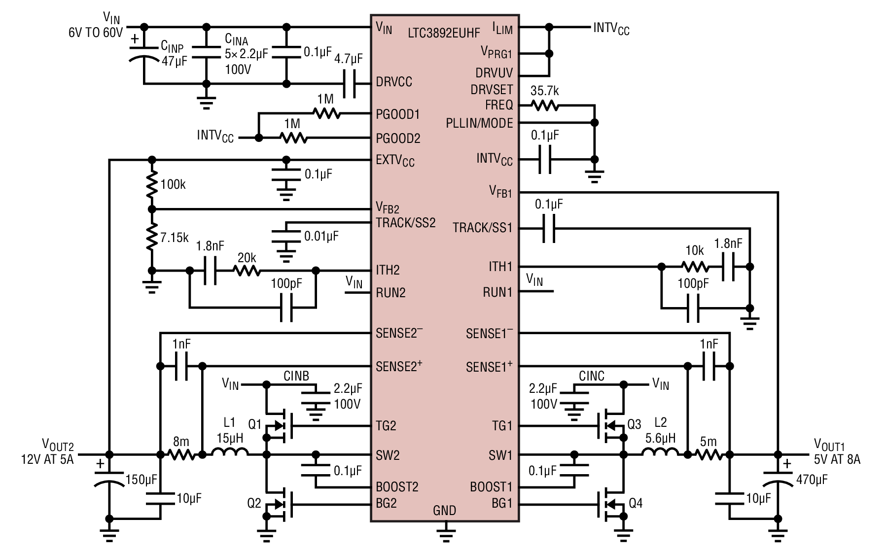 Figure 1. LTC3892, Dual Output DC/DC Converter Schematic