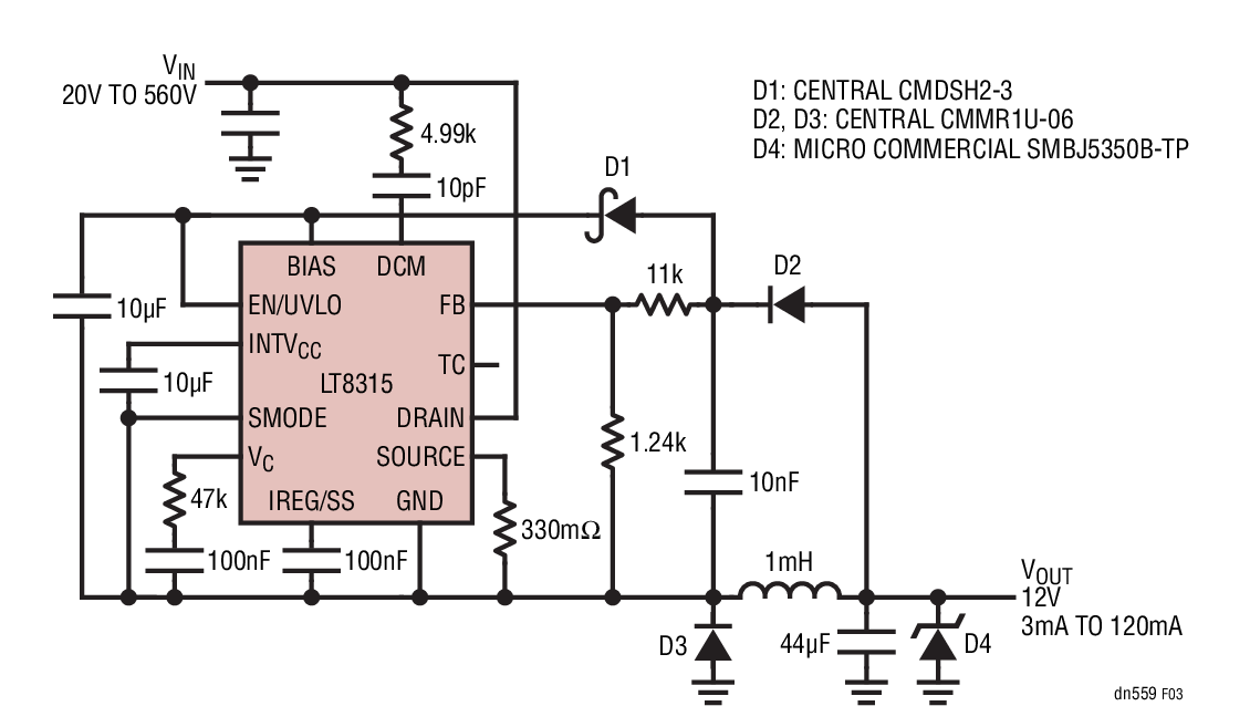 Figure 3. Schematic of a Nonisolated Buck Converter: 20V to 560V Input to 12V at 120mA