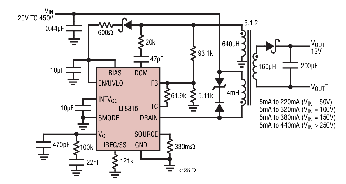 Figure 1. A Complete 12V Isolated Flyback Converter for a Wide Input from 20V to 450V