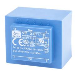 Block 通孔 PCB 变压器 VB 3,2/1/15, 230V ac初级电压, 15V ac次级电压, 3.2VA, 50 - 60 Hz工作范围