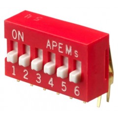 Apem DA06V 6位置 凸起 通孔 DIP 开关, 单刀单掷, 25 mA