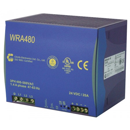 Chinfa 导轨电源, WRA 480系列, 24V 直流输出, 400V 交流输入