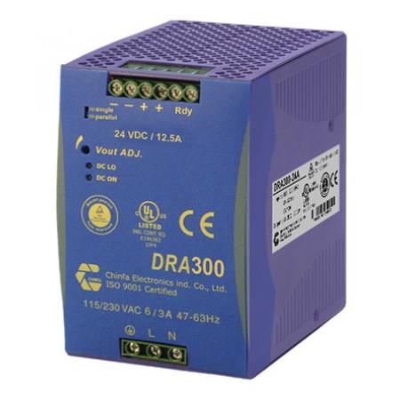 Chinfa 导轨电源, DRA300系列, 24V 直流输出, 90 → 264V 交流输入