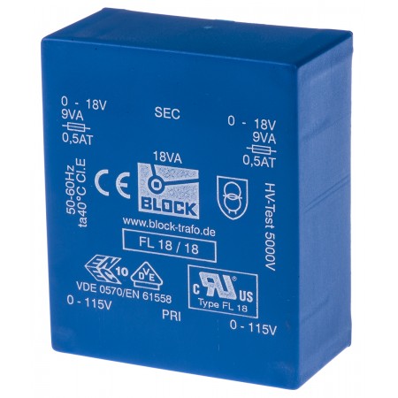 Block PCB变压器, 18V 交流次级电压, 18VA, 115 V ac, 230 V ac初级电压, 2输出