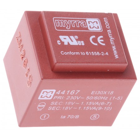 Myrra PCB变压器, 18V 交流次级电压, 2.5VA, 230V 交流初级电压, 2输出