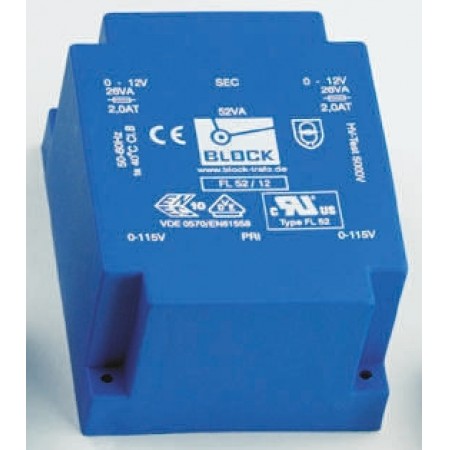 Block 52VA PCB变压器, 初级115V ac, 230V ac, 次级6V 交流, 2输出, 通孔, FL 52/6