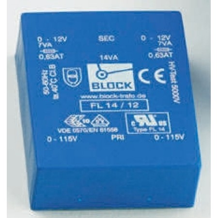 Block 24VA PCB变压器, 初级115V ac, 230V ac, 次级6V 交流, 2输出, 通孔, FL 24/6