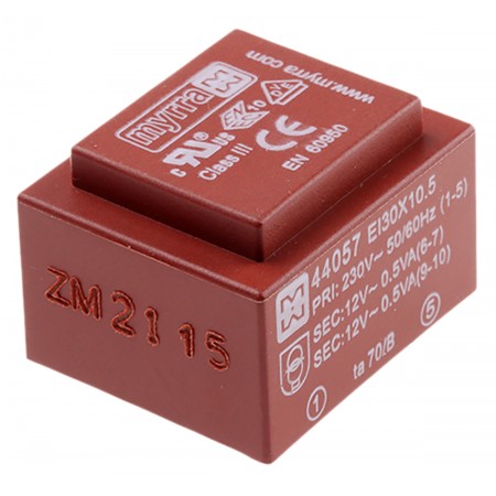 Myrra 1VA PCB变压器, 初级230V 交流, 次级12V 交流, 2输出, 通孔, 44057