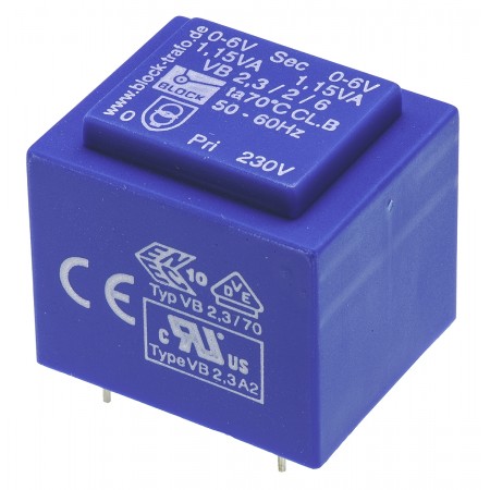Block 2.3VA PCB变压器, 初级230V 交流, 次级6V 交流, 2输出, 通孔, VB 2.3/2/6