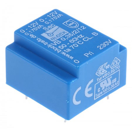 Block 0.35VA PCB变压器, 初级230V 交流, 次级12V 交流, 2输出, 通孔, VB 0.35/2/12
