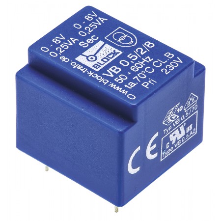Block 0.5VA PCB变压器, 初级230V 交流, 次级8V 交流, 2输出, 通孔, VB 0.5/2/8