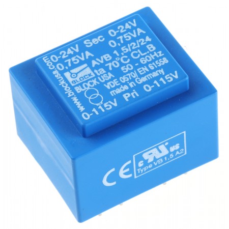 Block 1.5VA PCB变压器, 初级115 V ac, 230 V ac, 次级24V 交流, 2输出, 通孔, AVB1.5/2/24