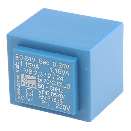 Block 2.3VA PCB变压器, 初级230V 交流, 次级24V 交流, 2输出, 通孔, VB 2.3/2/24