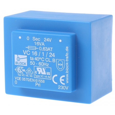 Block 16VA PCB变压器, 初级230V 交流, 次级24V 交流, 通孔, VC 16/1/24